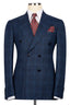 Chic Navy Plaid Peaked Lapel Double Breasted Suits For Men