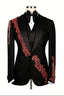 Red Crystal Appliques Black Jacquard Peaked Lapel 3 Piece Men Suit