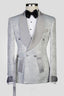 Silver Jacquard Shawl Lapel Double Breasted Men Suits