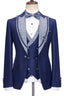 Navy Blue 3 Piece Sparkly Silver Peaked Lapel Men Suits