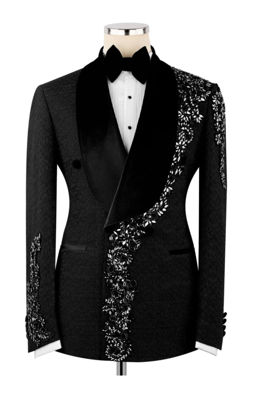 Popular Black Jacquard Appliques Double Breasted Shawl Lapel Men Suit Main image