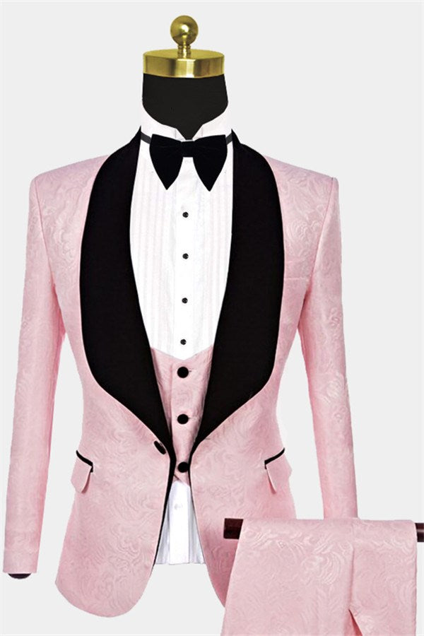 Pink 3-Pieces Jacquard Shawl Lapel Men Suits