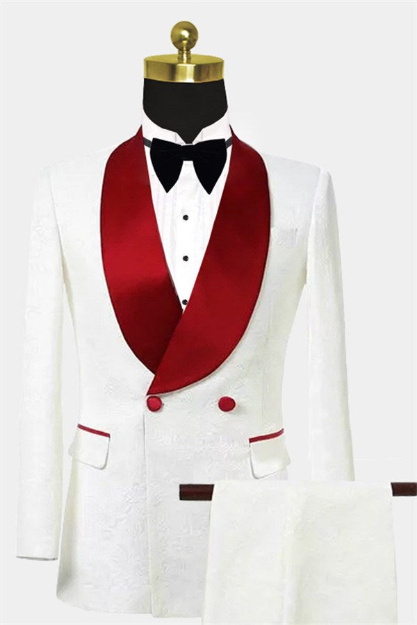 White Jacquard Double Breasted Red Satin Shawl Lapel Men Suits