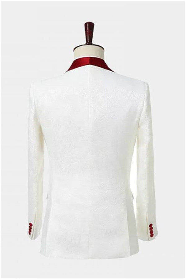 White Jacquard Double Breasted Red Satin Shawl Lapel Men Suits