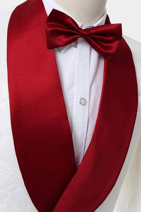 White Jacquard Double Breasted Red Satin Shawl Lapel Men Suits