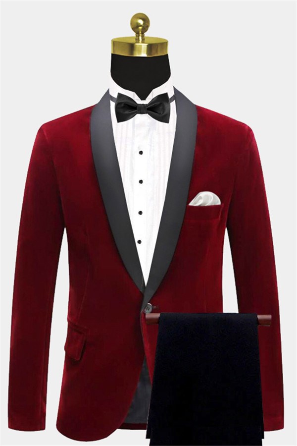 Burgundy Shawl Lapel Velvet Men Suits Main image