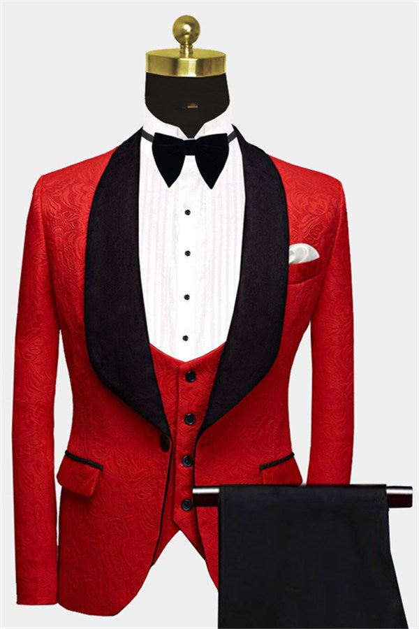 Red Jacquard 3 Piece Shawl Lapel Men Suits Main image