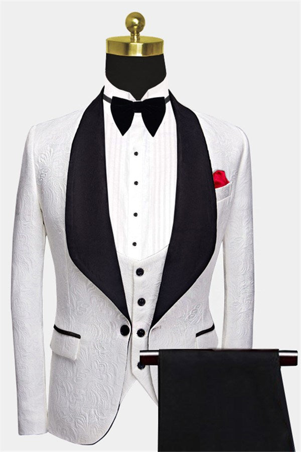 Bespoke White Jacquard 3 Piece Shawl Lapel Men Suits