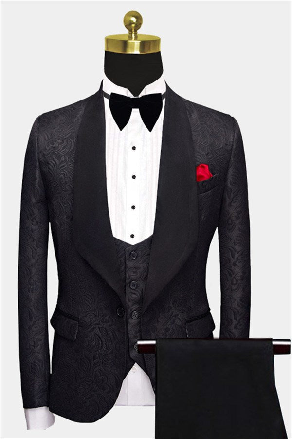 Classic Black Jacquard Shawl Lapel 3 Piece Men Suits