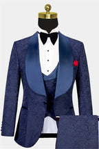 Navy Blue Jacquard Shawl Lapel 3 Piece Men Suits