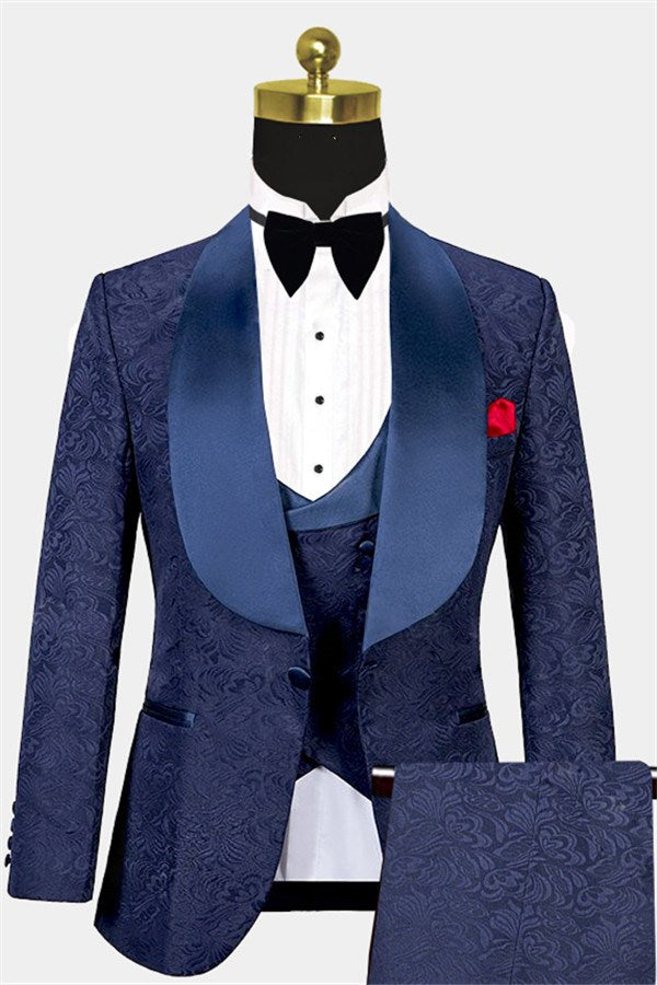 Navy Blue Jacquard Shawl Lapel 3 Piece Men Suits