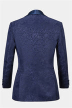 Navy Blue Jacquard Shawl Lapel 3 Piece Men Suits