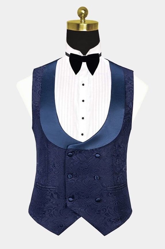 Navy Blue Jacquard Shawl Lapel 3 Piece Men Suits