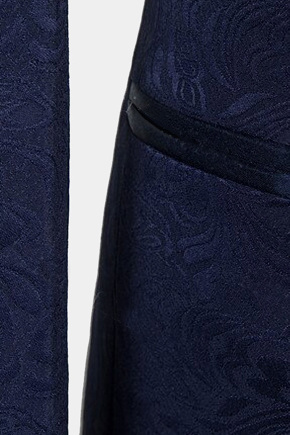 Navy Blue Jacquard Shawl Lapel 3 Piece Men Suits