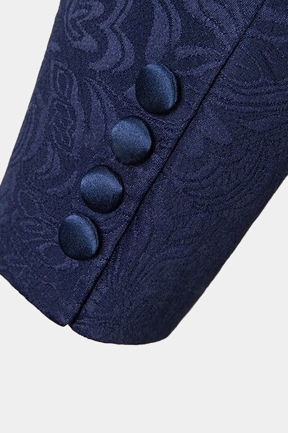 Navy Blue Jacquard Shawl Lapel 3 Piece Men Suits
