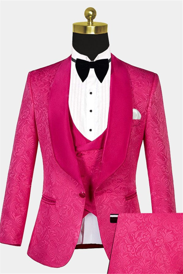 Hot Pink Jacquard Shawl Lapel 3 Piece Men Suits