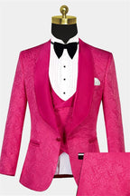 Hot Pink Jacquard Shawl Lapel 3 Piece Men Suits