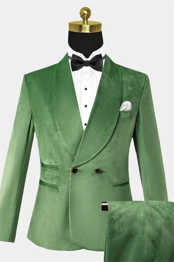 Green Velvet Double Breasted Shawl Lapel Men Suits