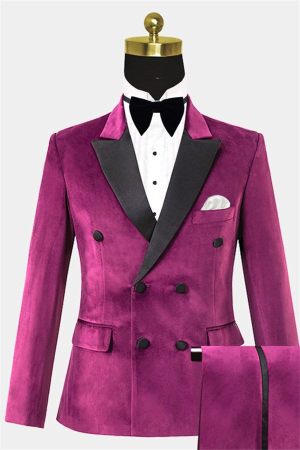 Plum Purple Velvet Peaked Lapel Double Breasted Men Suits