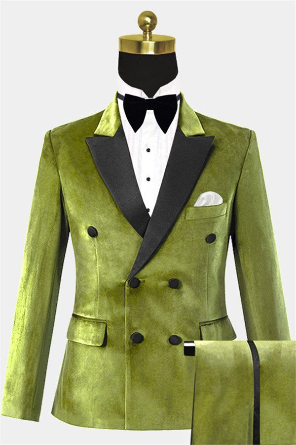 Olive Green Velvet Peaked Lapel Double Breasted Men Suits