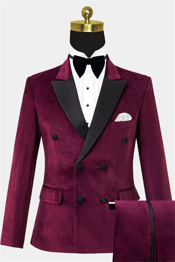 Wine Red Velvet Peaked Lapel Double Breasted Men Suits Main image