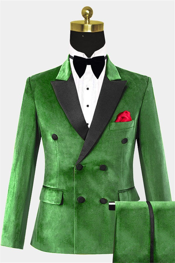 Green Velvet Peaked Lapel Double Breasted Men Suits