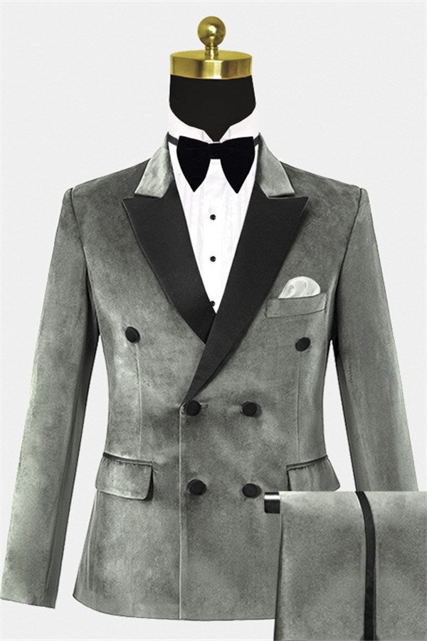 Gray Velvet Peaked Lapel Double Breasted Men Suits
