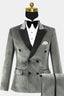 Gray Velvet Peaked Lapel Double Breasted Men Suits