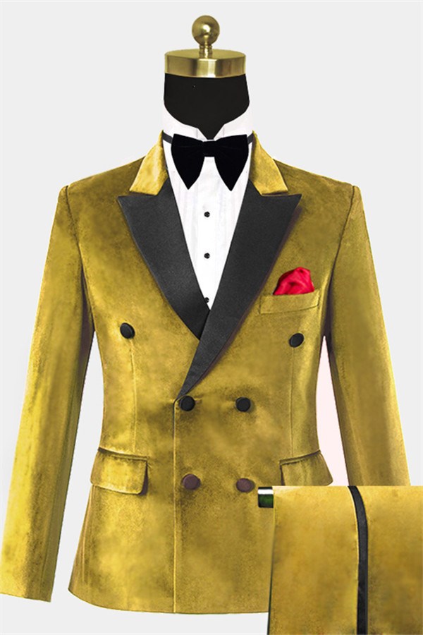 Gold Velvet Peaked Lapel Double Breasted Men Suits