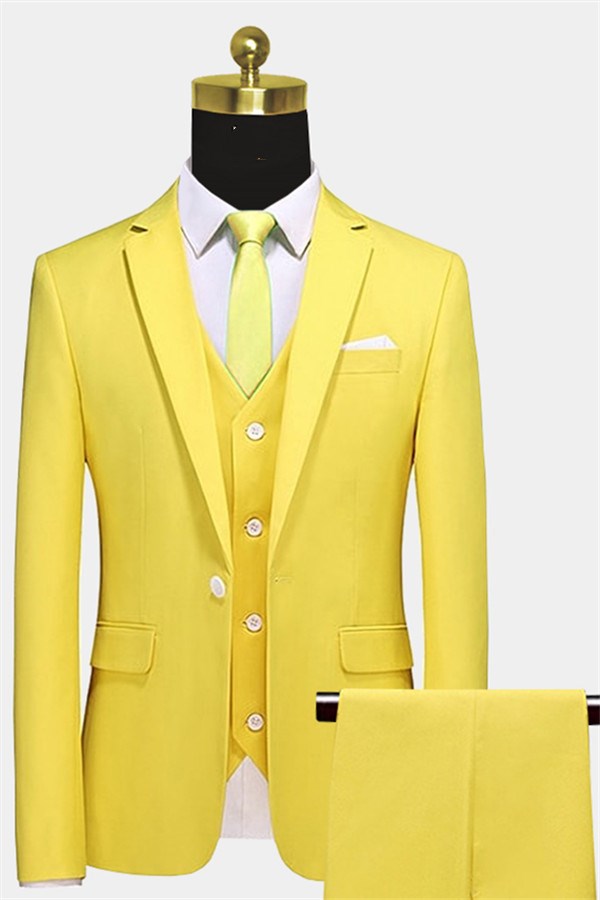 Yellow Notched Lapel Men Suits With Waistcoat