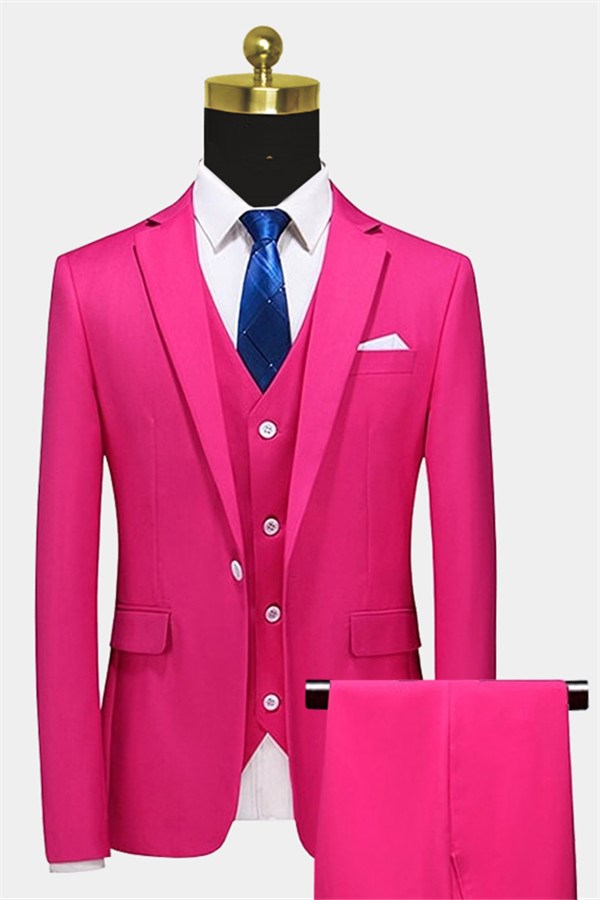 Hot Pink Notched Lapel Men Suits With Waistcoat