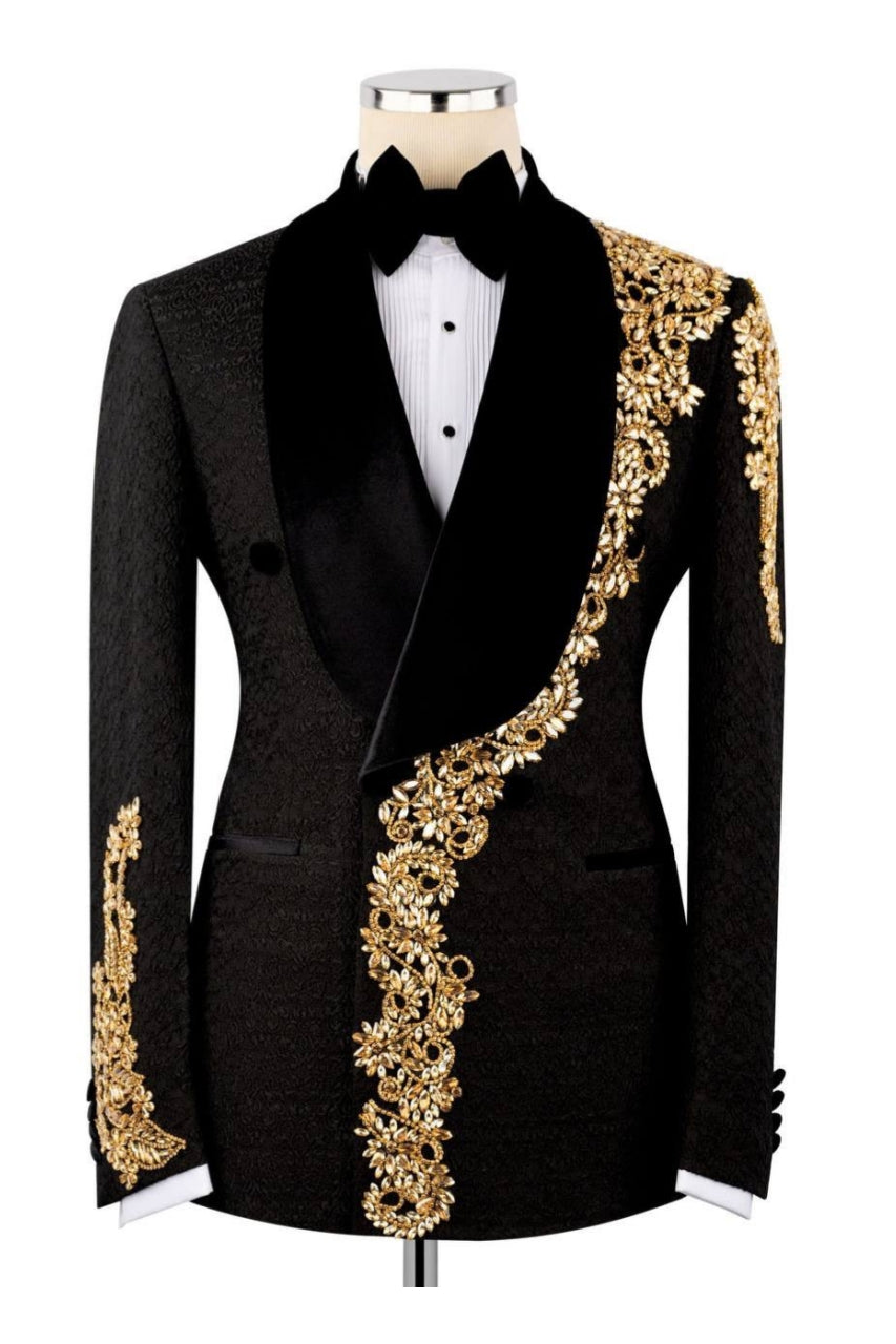 Black Jacquard Double Breasted Shawl Lapel Appliques Men Suit Main image
