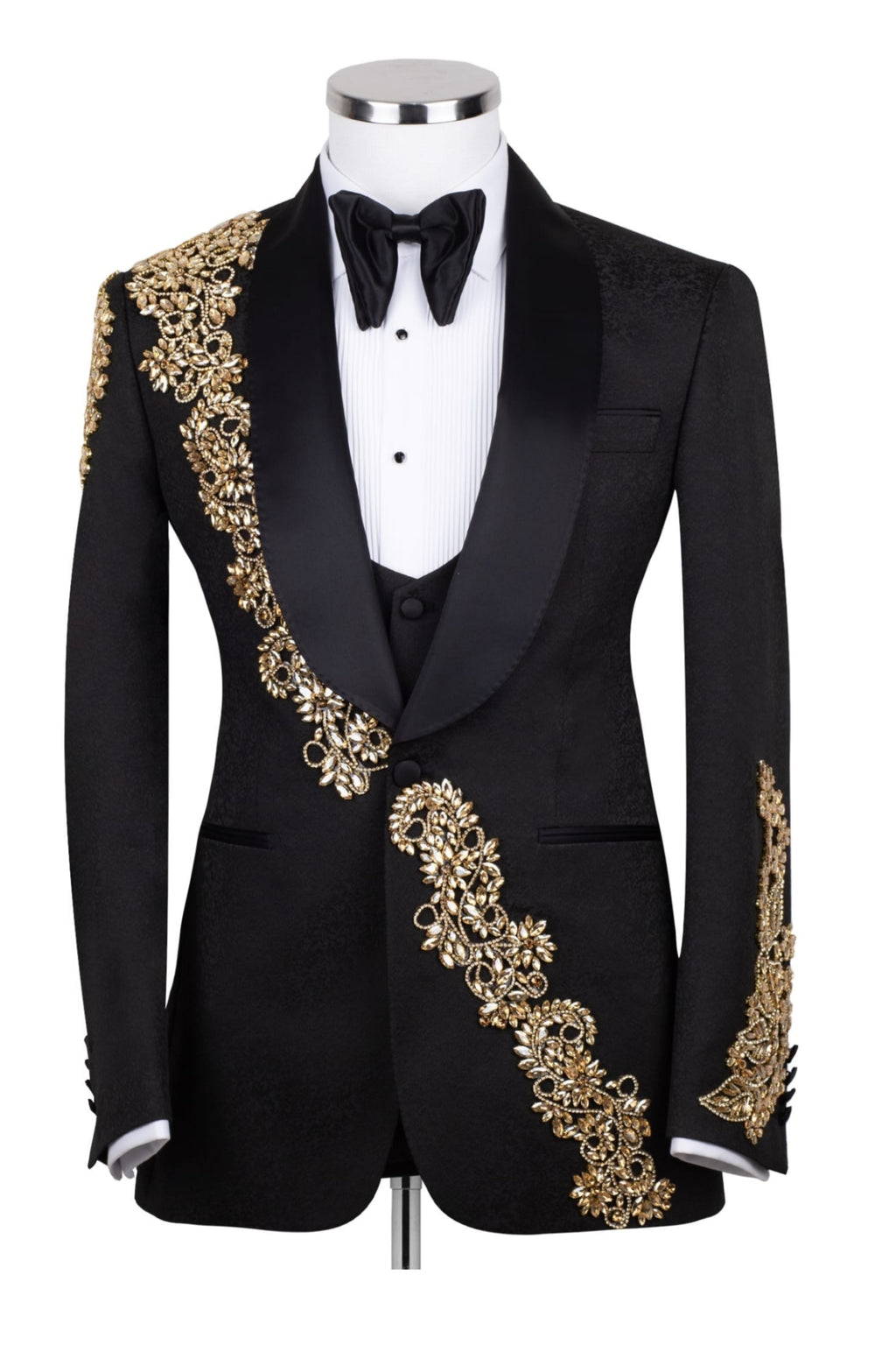 Classy Black Jacquard Appliques Shawl Lapel 3 Piece Men Suit