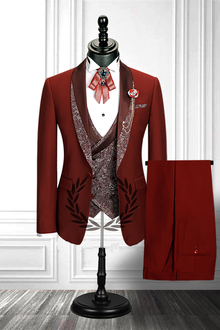 Red 3 Piece Stitching Lapel Stylish Men's Suit Secondary image