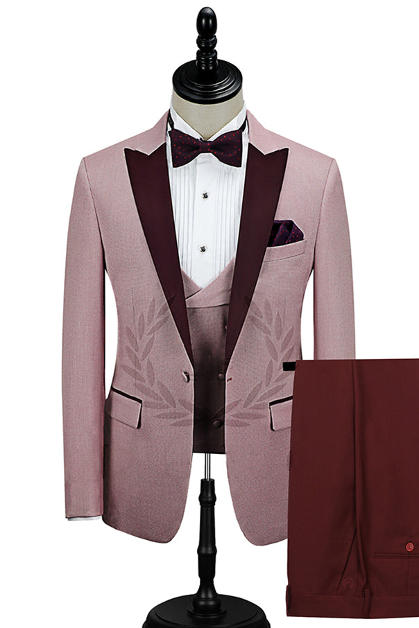 Pink One Button Burgundy Peaked Lapel Men Suit