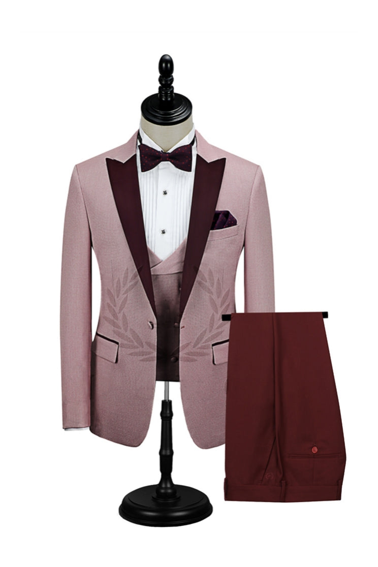 Pink One Button Burgundy Peaked Lapel Men Suit