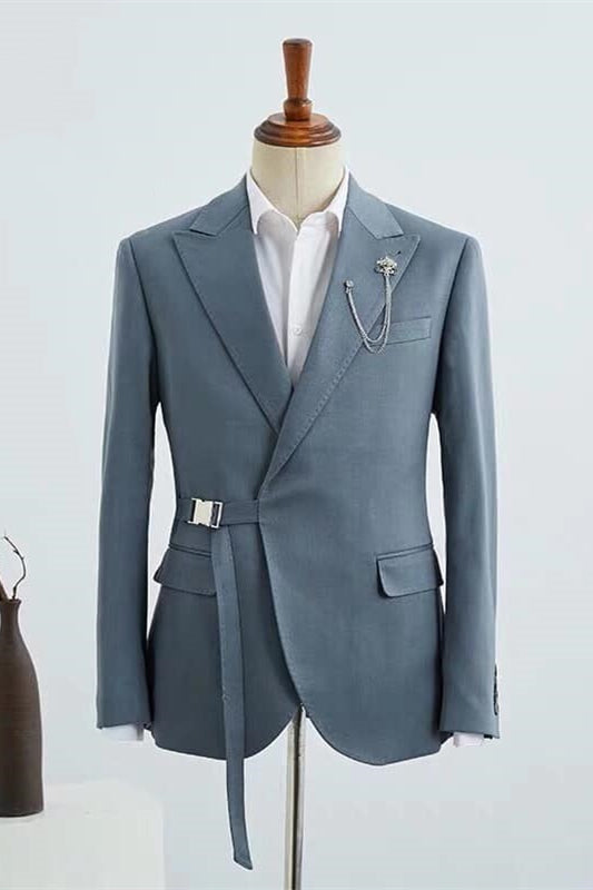 Dusty Blue Peaked Lapel Chic Men Suit With Adjustable Buckle