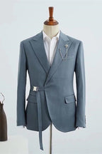 Dusty Blue Peaked Lapel Chic Men Suit With Adjustable Buckle