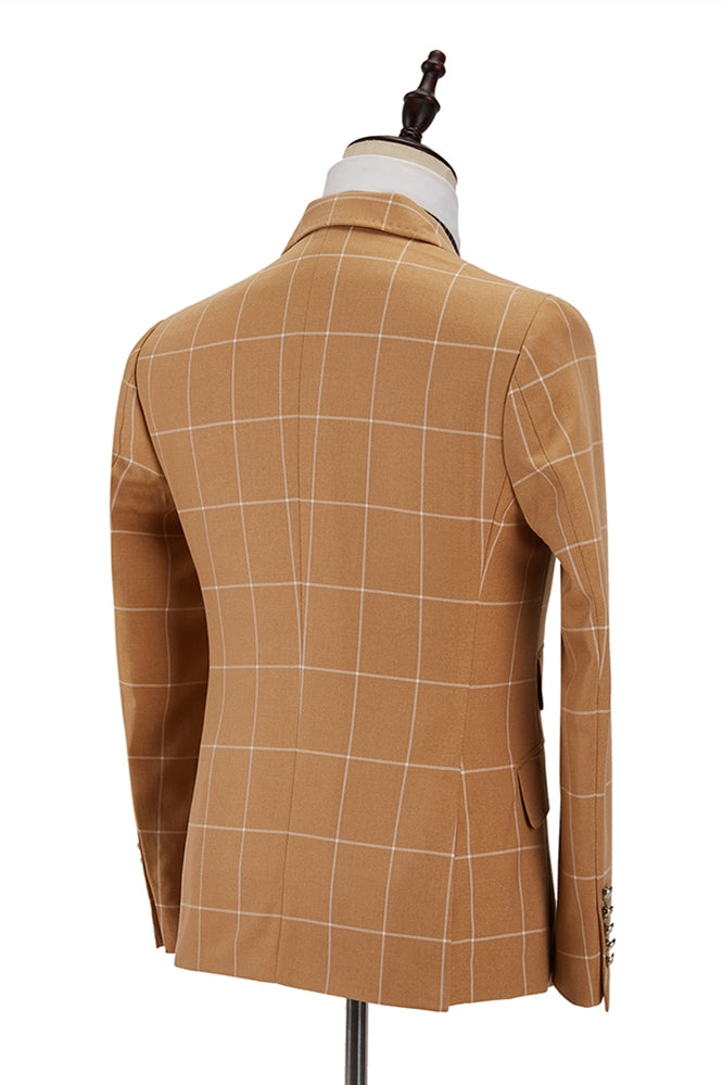 Orange Plaid Notched Lapel Double Breasted Men Suits
