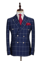 Dark Blue Plaid Notched Lapel Double Breasted Men Suits