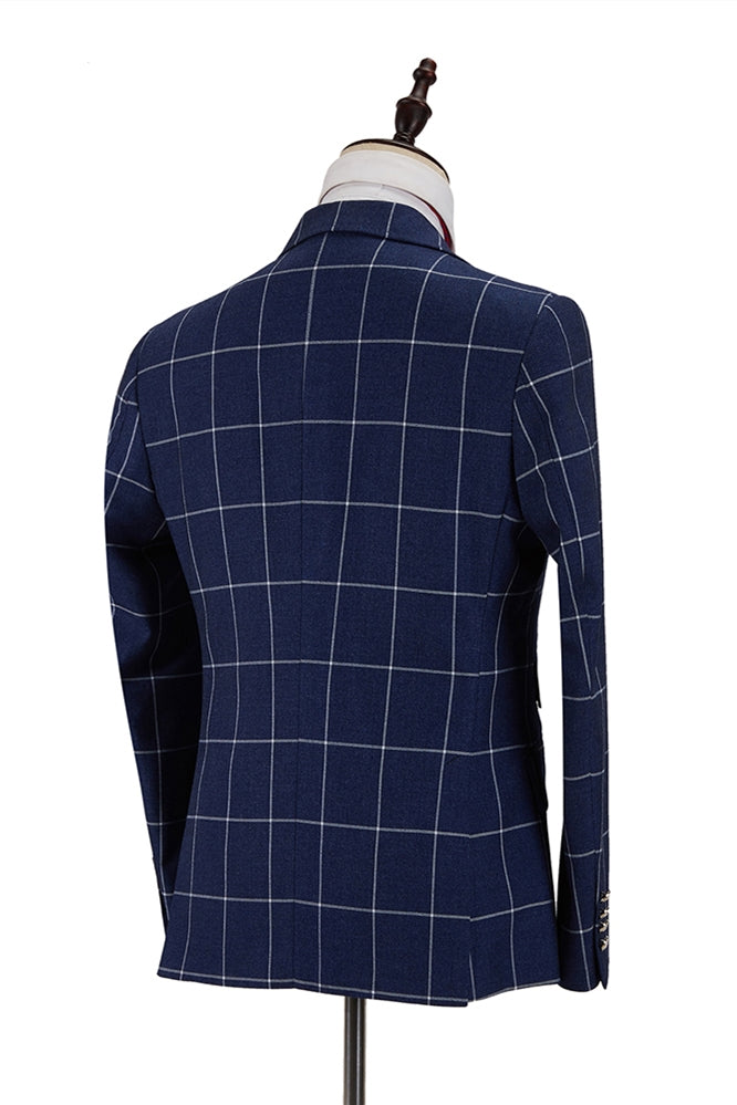 Dark Blue Plaid Notched Lapel Double Breasted Men Suits