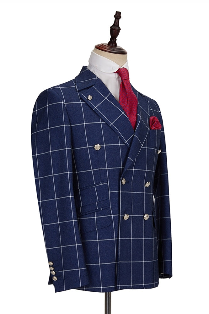 Dark Blue Plaid Notched Lapel Double Breasted Men Suits