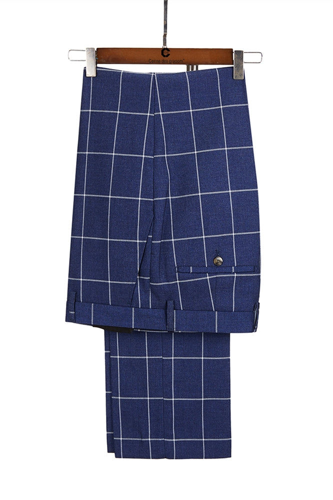 Dark Blue Plaid Notched Lapel Double Breasted Men Suits