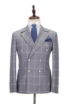 Gray Plaid Notched Lapel Double Breasted Men Suits