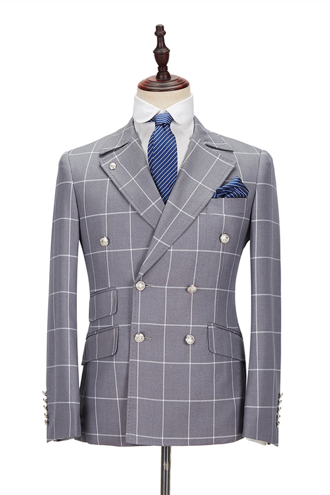 Gray Plaid Notched Lapel Double Breasted Men Suits