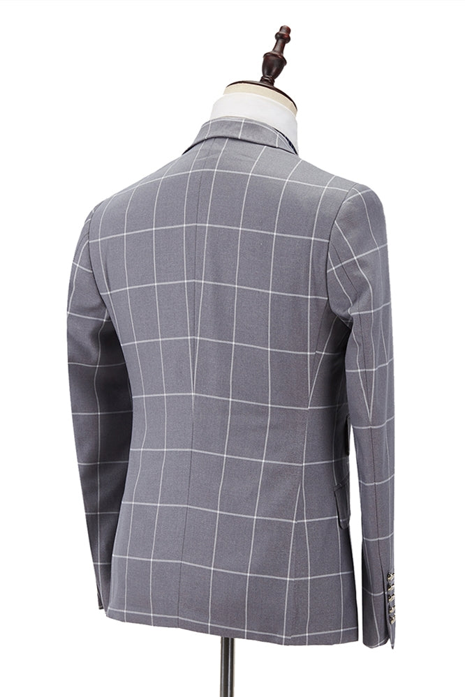 Gray Plaid Notched Lapel Double Breasted Men Suits