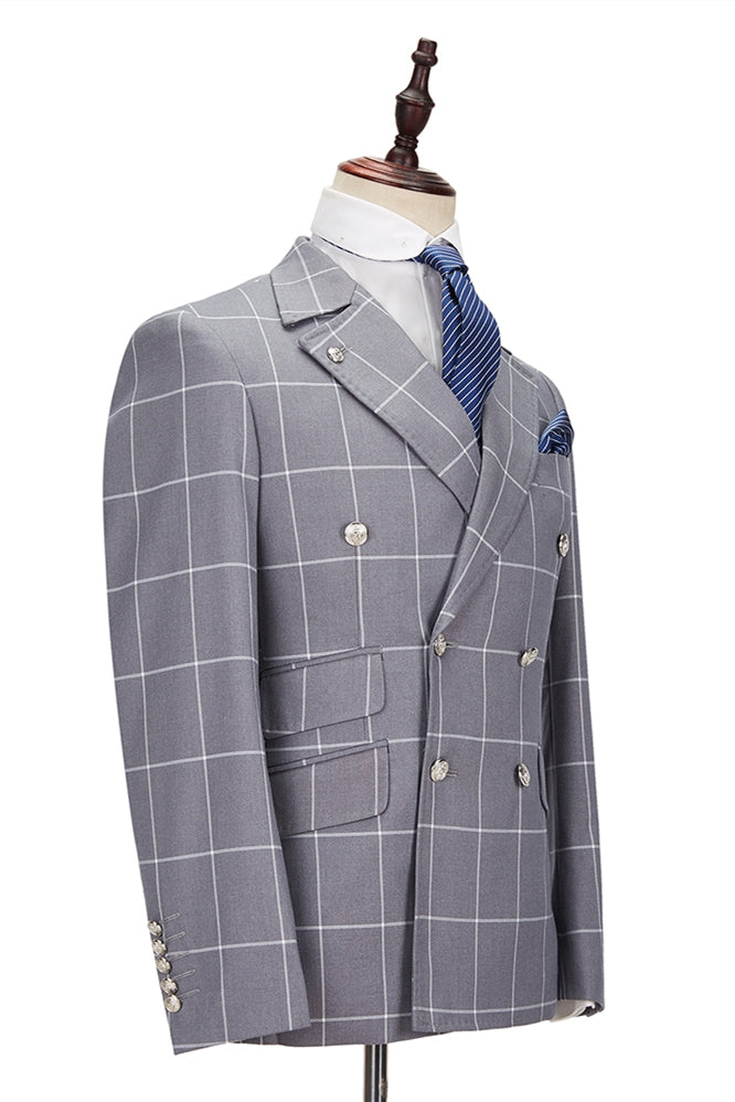 Gray Plaid Notched Lapel Double Breasted Men Suits