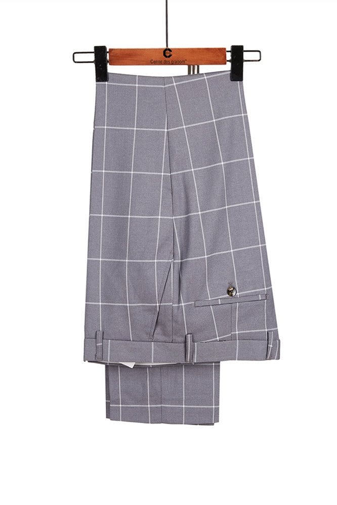 Gray Plaid Notched Lapel Double Breasted Men Suits