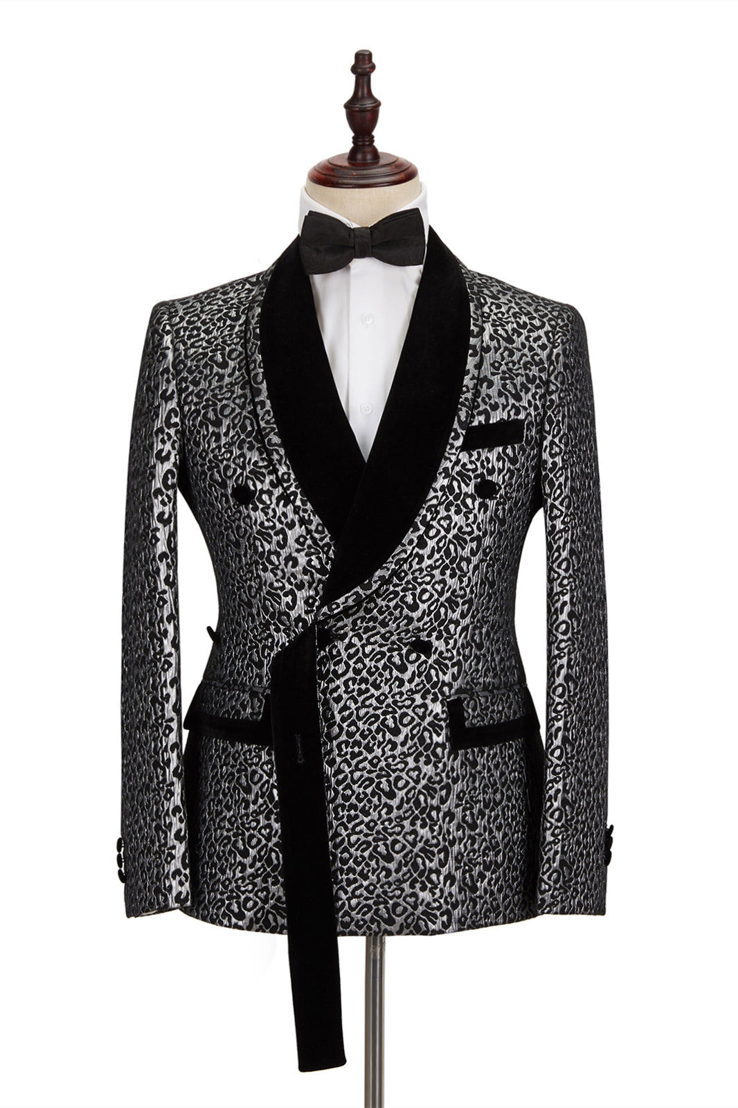 Black Shawl Lapel Stitching Silver Leopard Jacquard Men's Suit Main image