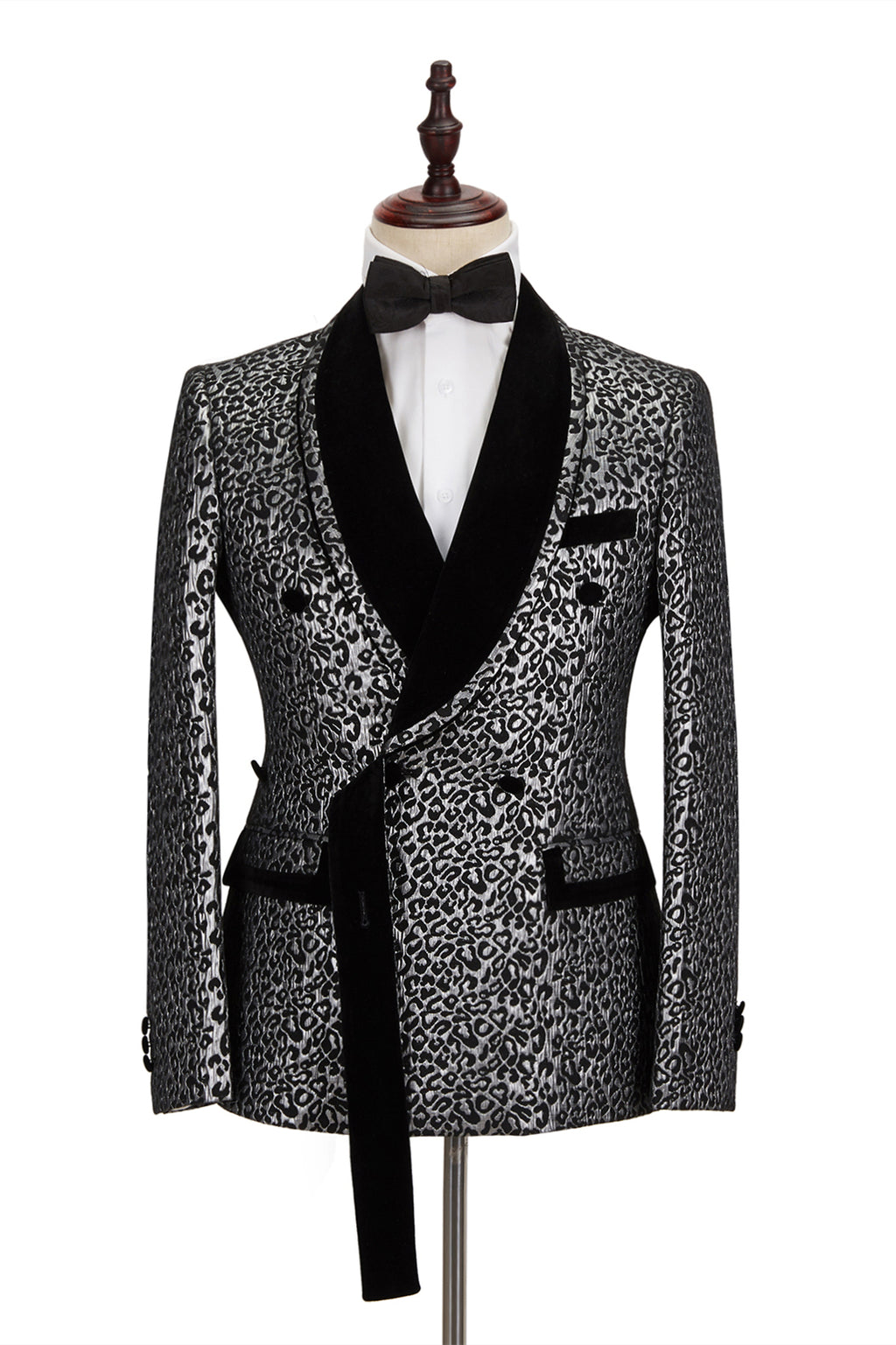 Black Shawl Lapel Stitching Silver Leopard Jacquard Men's Suit